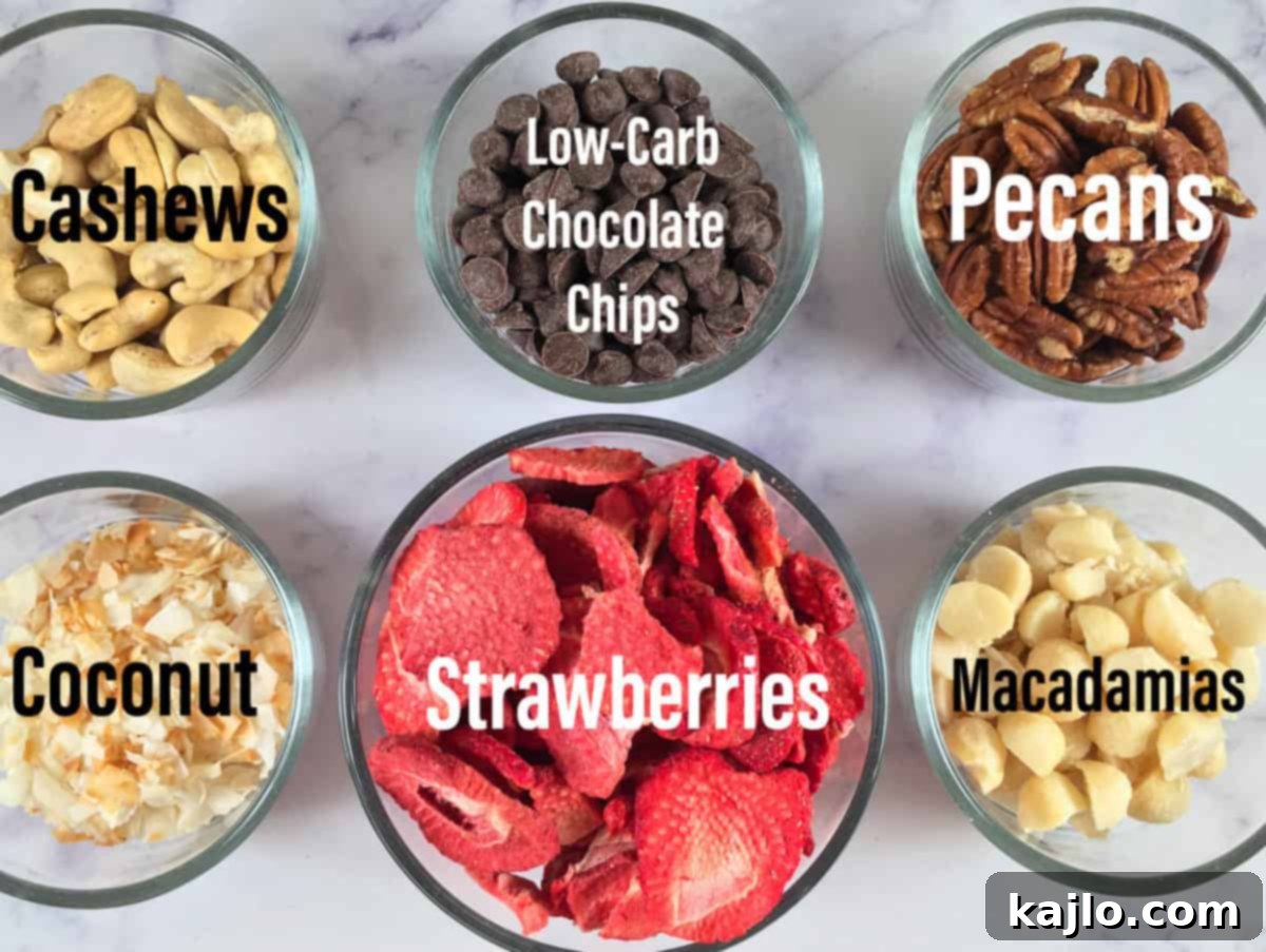 Keto Trail Mix Ingredients including nuts, berries, and chocolate chips