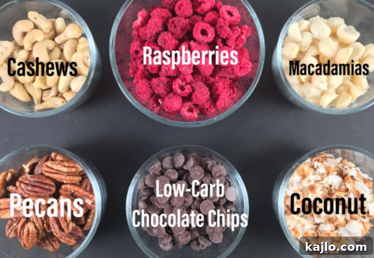 Freeze-dried berries, nuts, keto chocolate chips, and coconut flakes artfully arranged