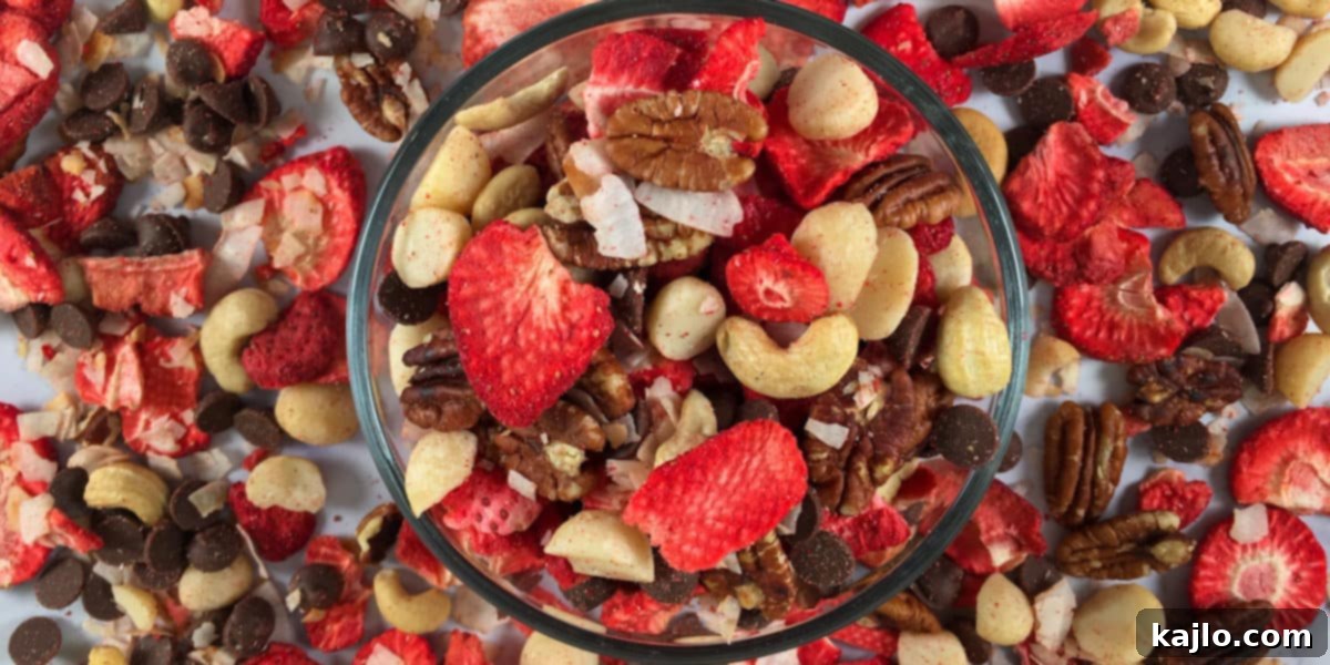 Large bowl of prepared Keto Trail Mix, showcasing the various ingredients