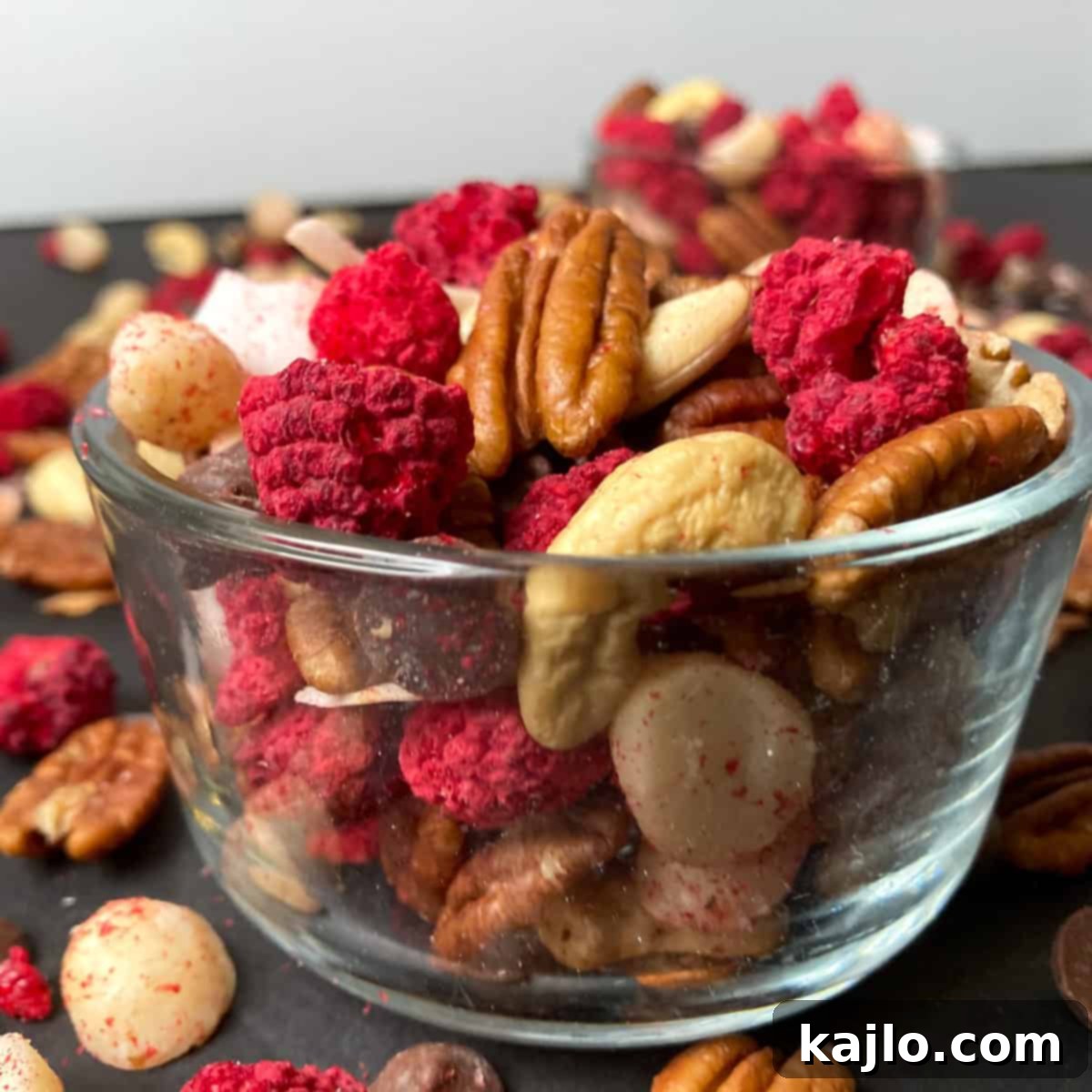 Close-up of freeze-dried berries mixed with nuts and keto chocolate