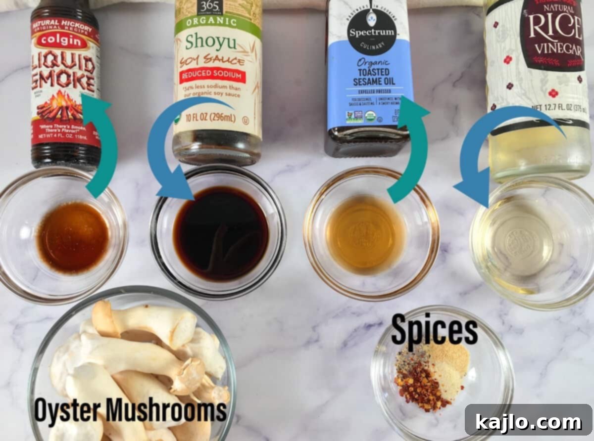 Air Fryer Vegan Oyster Mushroom Jerky Recipe 3 Array of vegan mushroom jerky ingredients laid out for preparation