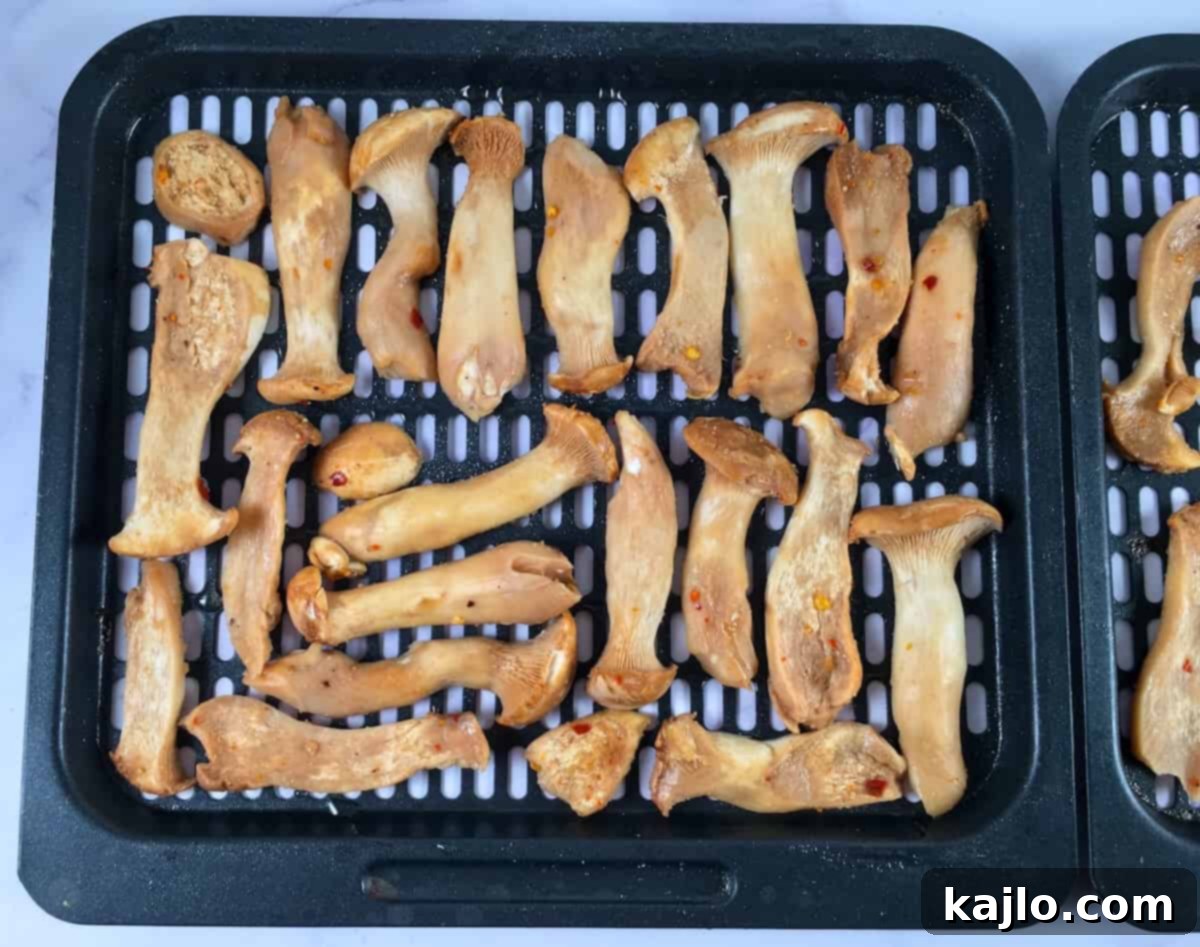 Air Fryer Vegan Oyster Mushroom Jerky Recipe 4 Mushroom strips laid out in an air fryer basket, ready to be cooked into jerky