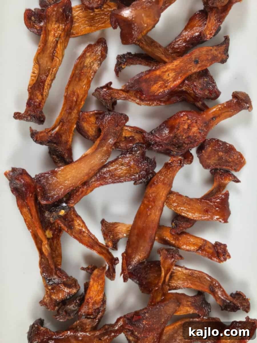 Air Fryer Vegan Oyster Mushroom Jerky Recipe 5 Finished air fryer mushroom jerky, golden brown and chewy
