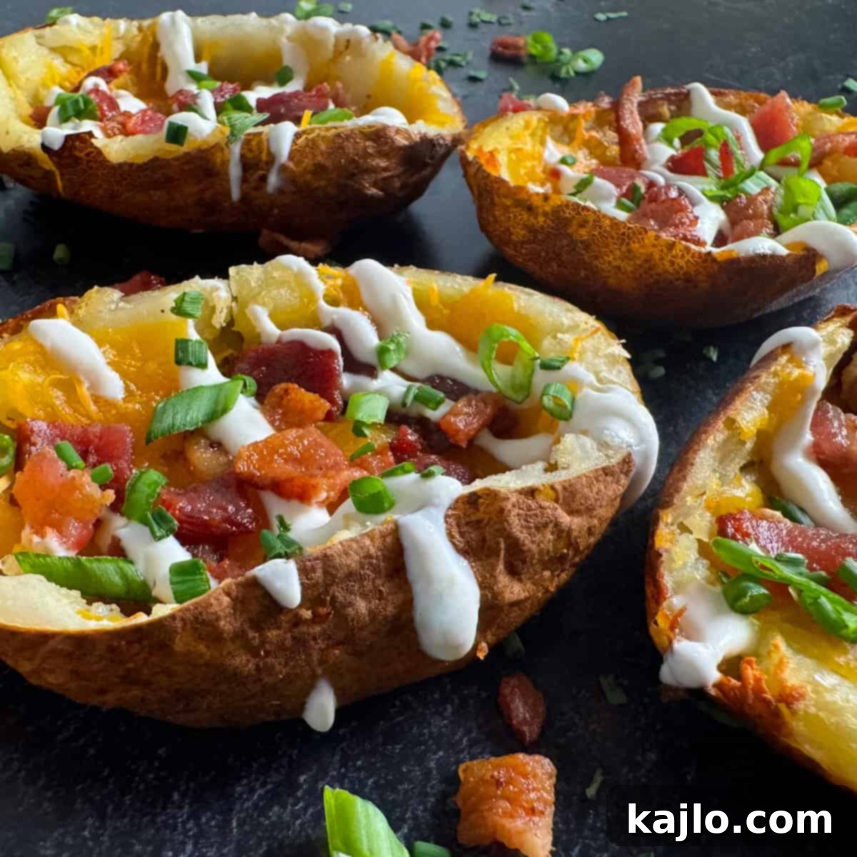 Crispy air fryer potato skins loaded with cheese and bacon