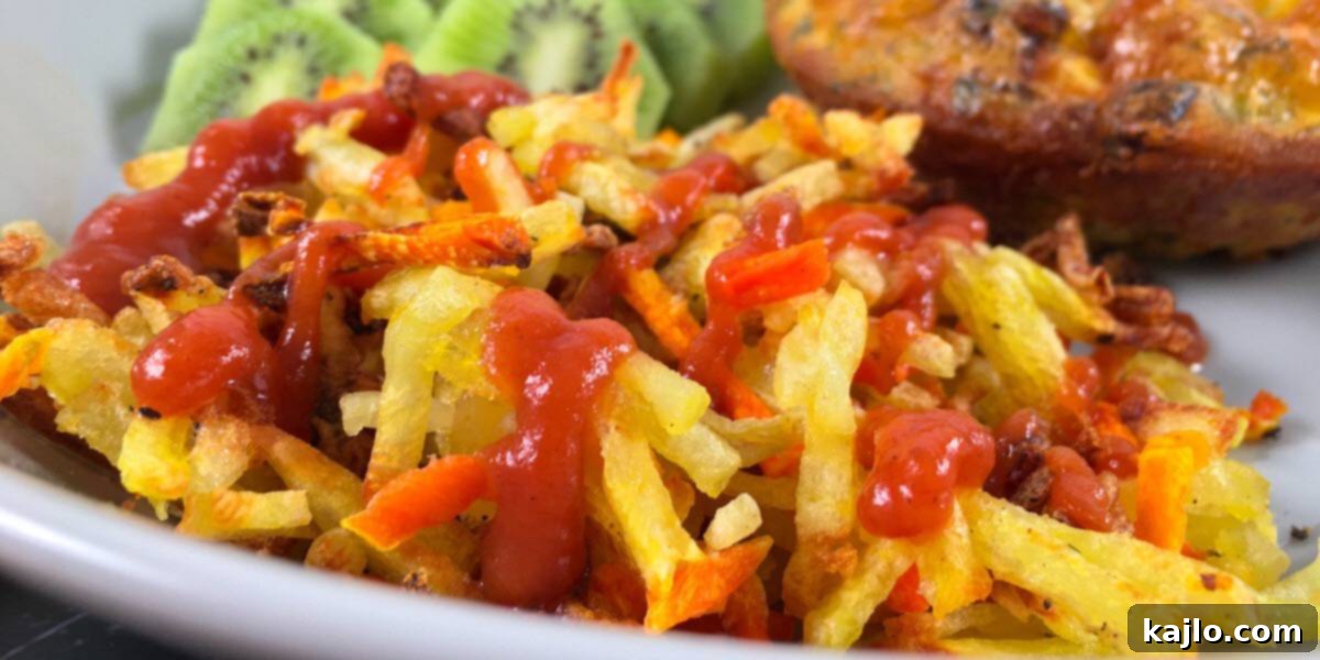Air fryer frozen hash browns served with ketchup on a breakfast plate.