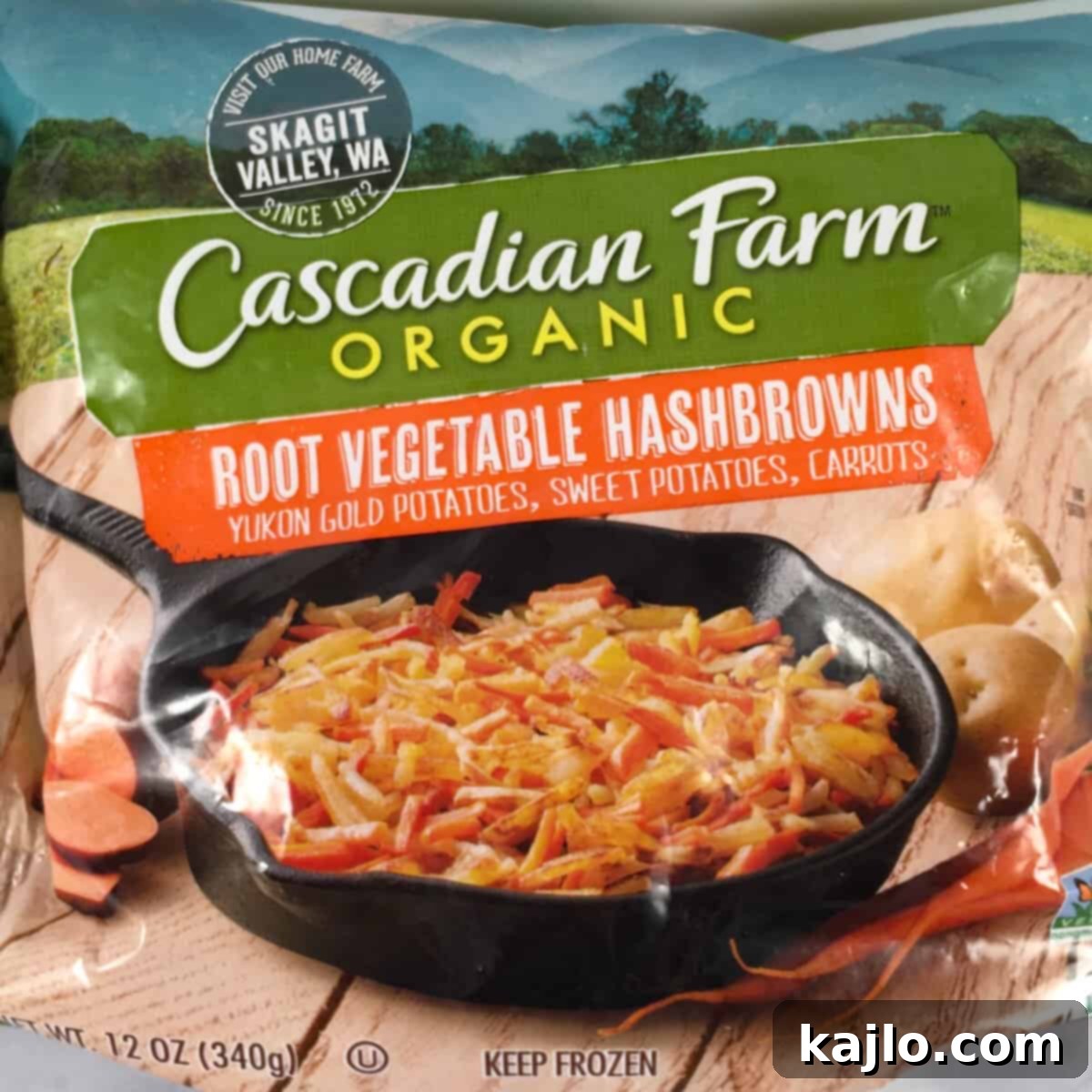 Bag of Cascadian Farm Organic root vegetable hash browns.
