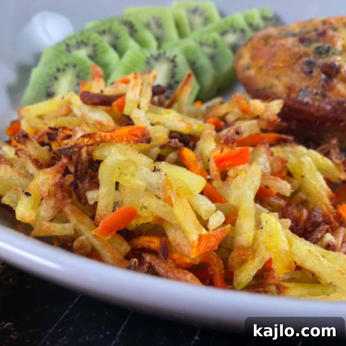 Crispy frozen hash browns cooked to perfection in an air fryer, ready to be served.