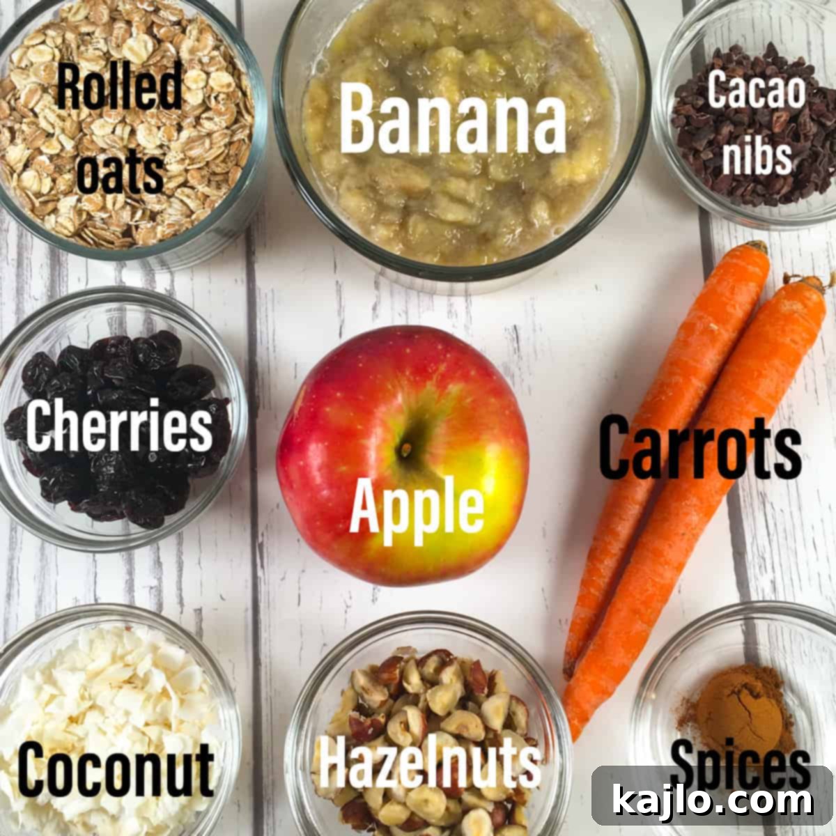 Vegan banana cookies ingredients laid out for baking.