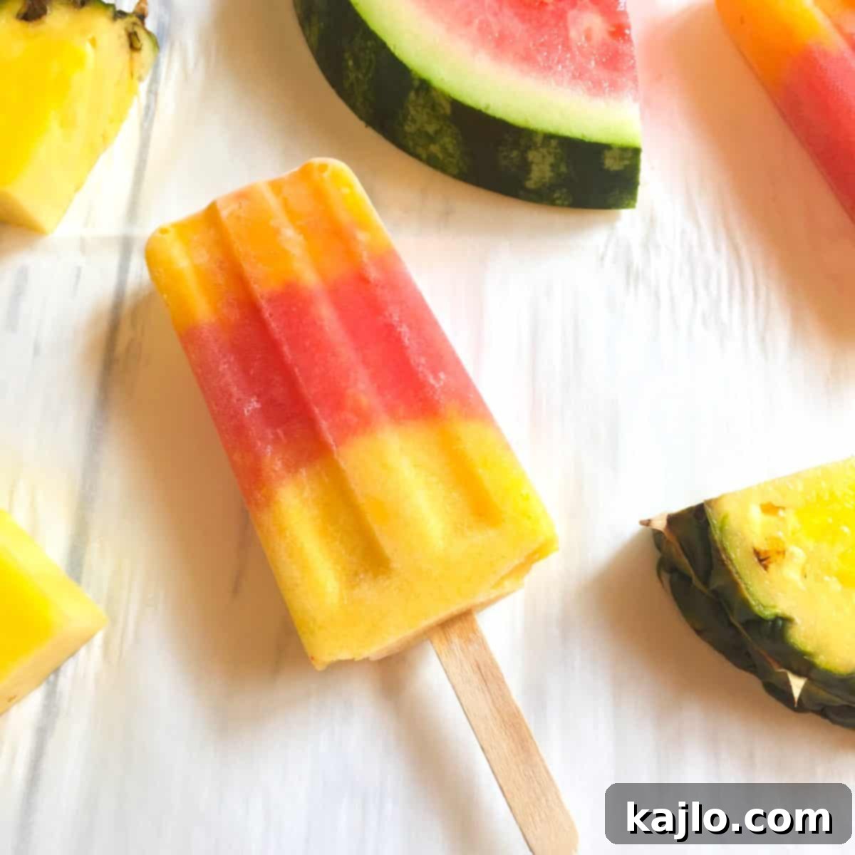 Mango Watermelon Pineapple Pop surrounded by pieces of cut watermelon and pineapple
