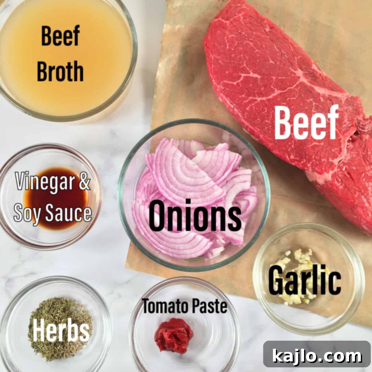 Ingredients for Instant Pot London Broil including beef, broth, spices, and vegetables