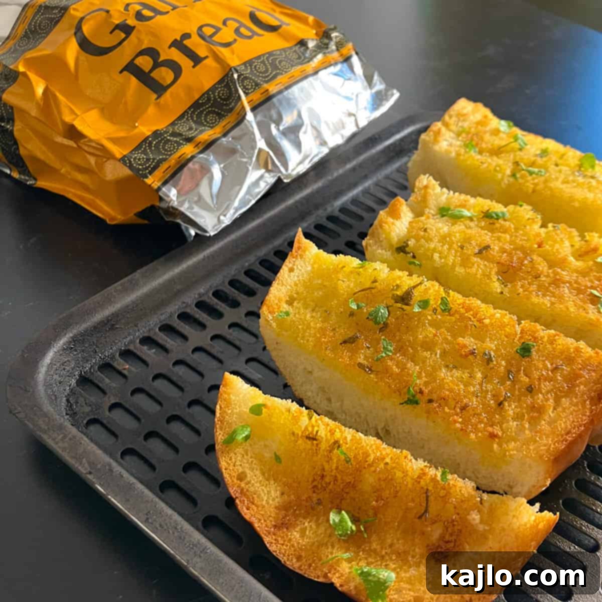 Air Fryer Foil Pack Garlic Bread 2 Crispy garlic bread cooked to perfection in an air fryer.