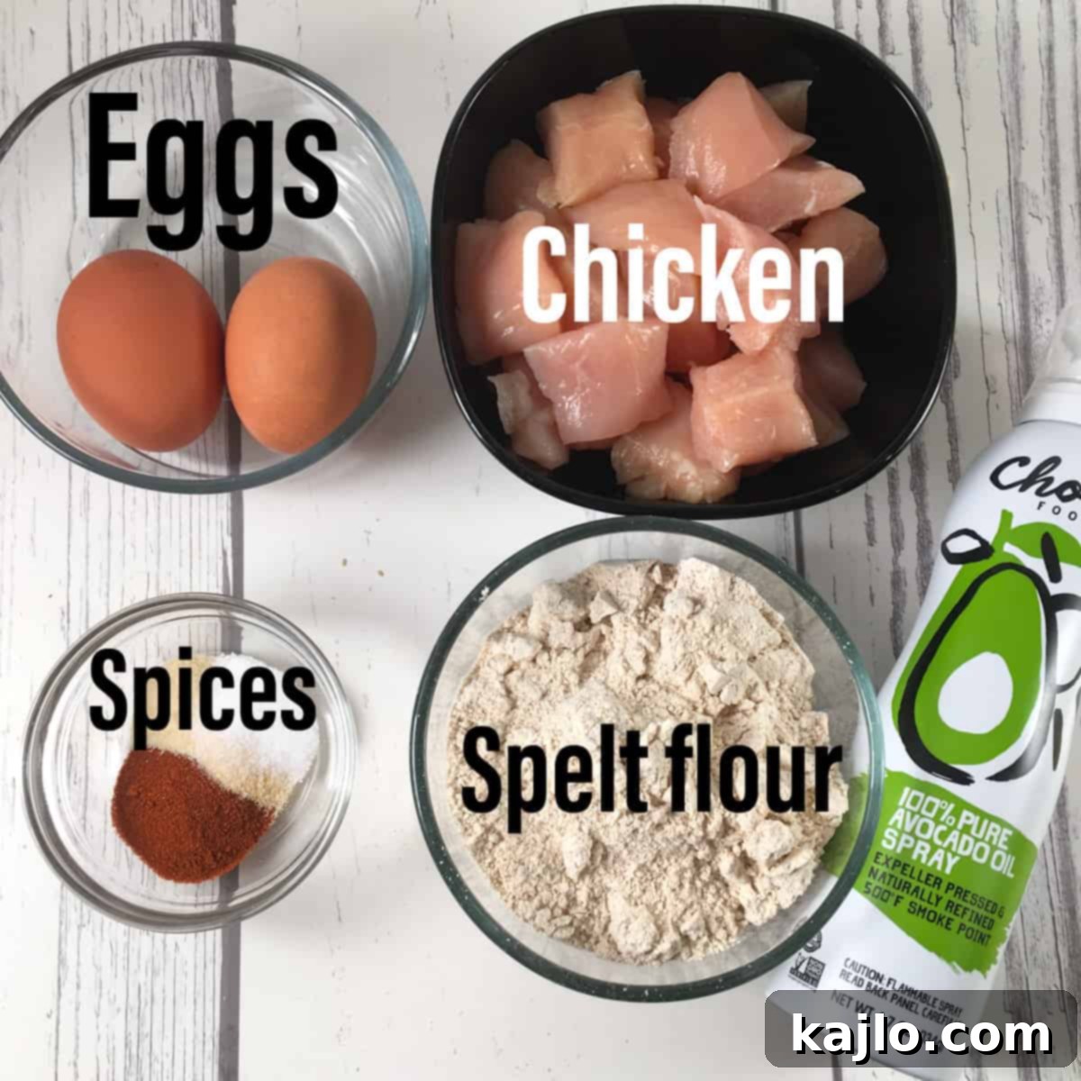 Ingredients laid out for making air fryer popcorn chicken.