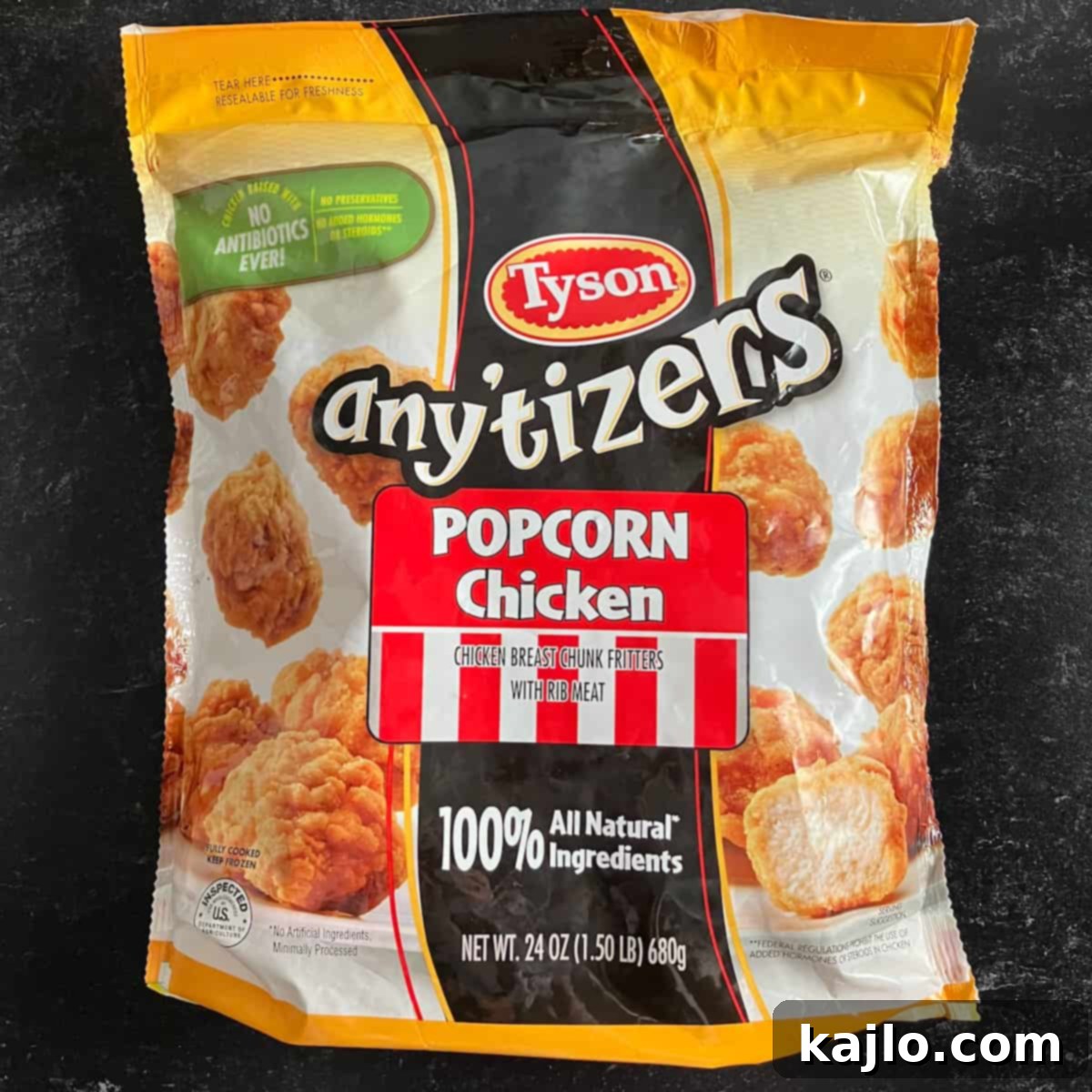 Bag of Tyson frozen popcorn chicken.