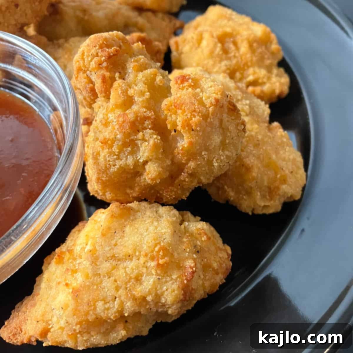 Air-fried Tyson popcorn chicken served with dipping sauce.