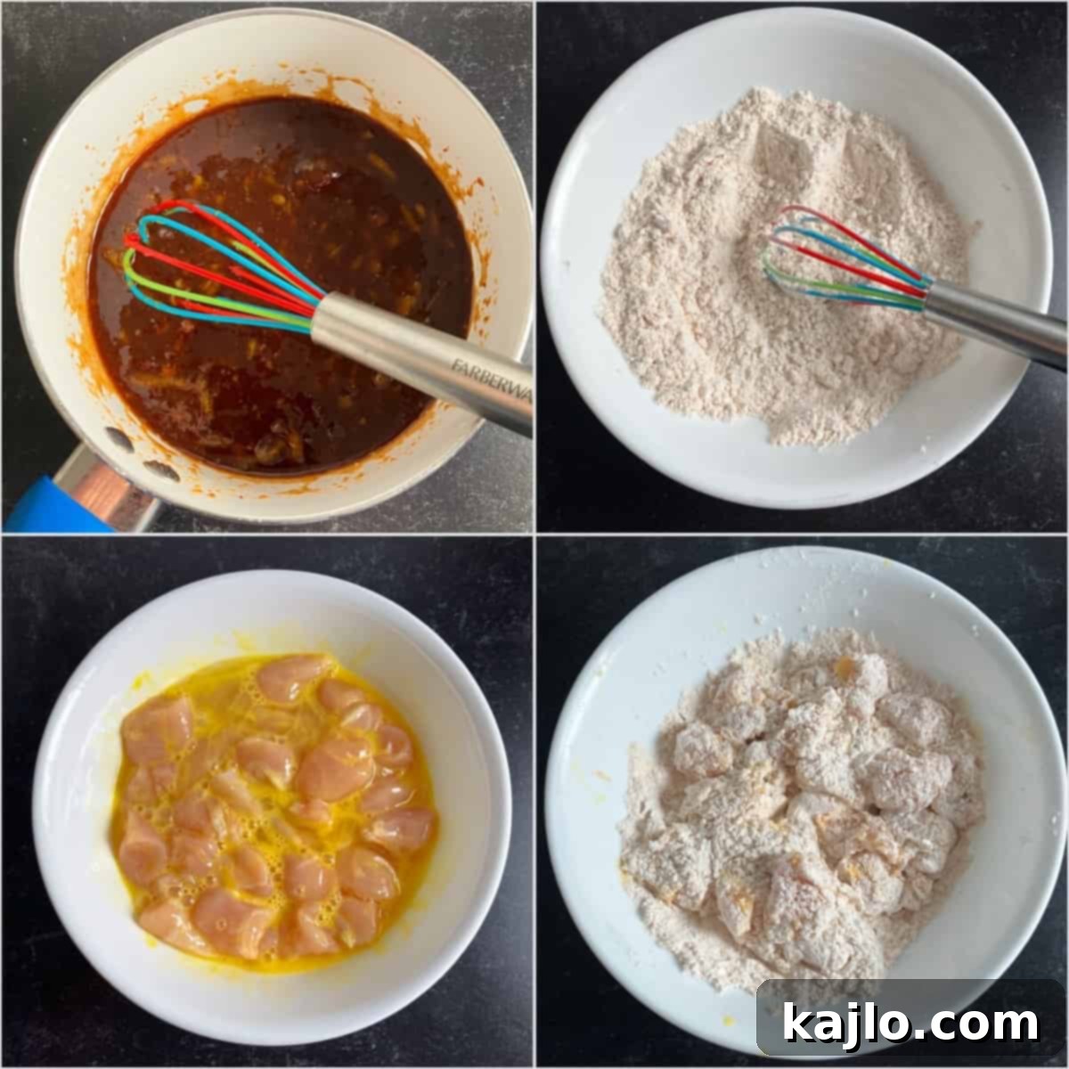 Step-by-step image showing chicken pieces being breaded and prepared for air frying