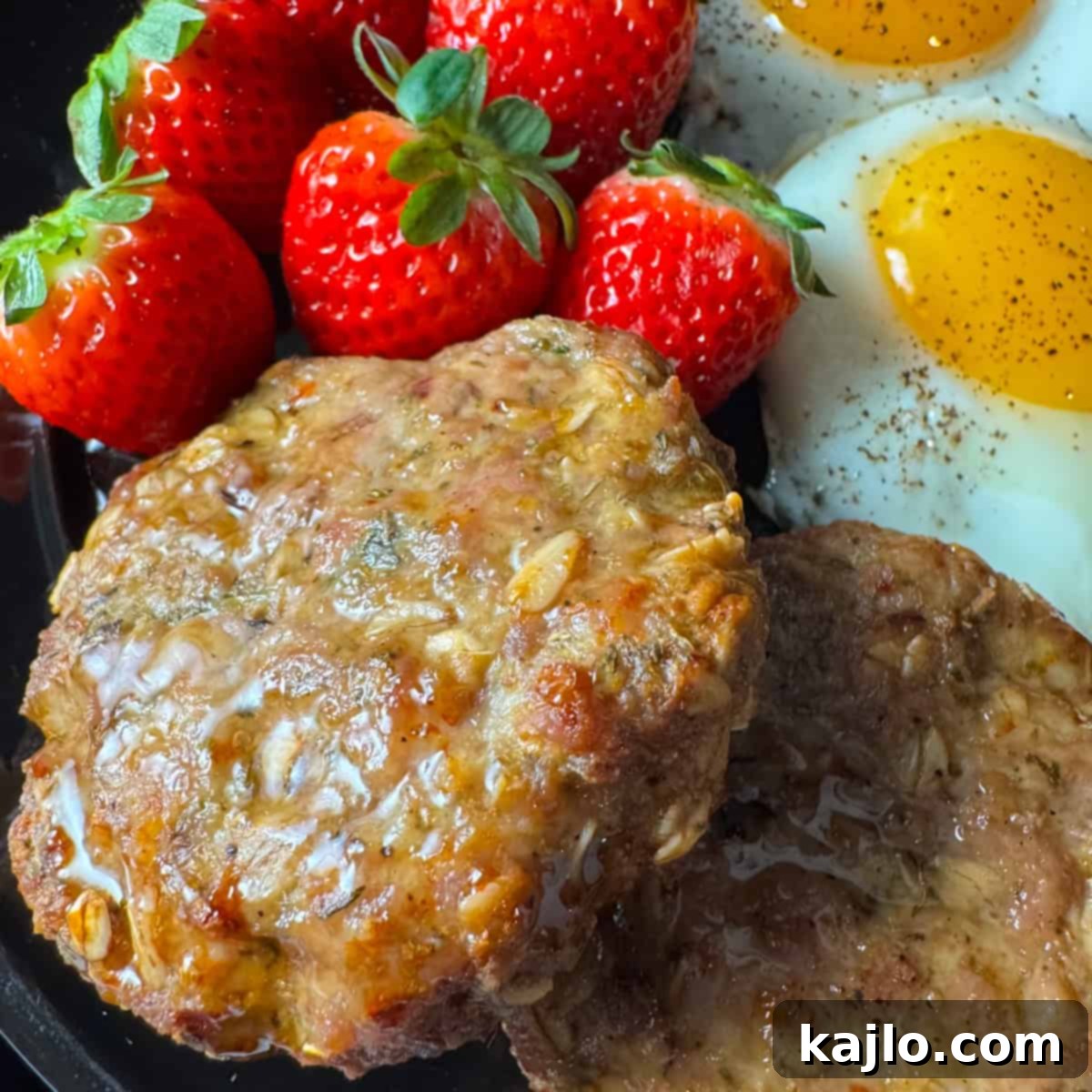 Cooked air fryer pork sausage patties on a plate, showing golden-brown exterior