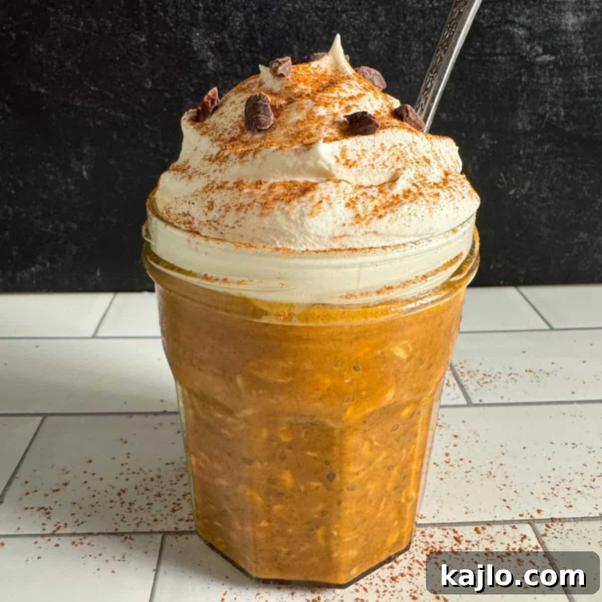 Cozy Pumpkin Spice Latte Overnight Oats 6 PSL overnight oats in a jar with spoon