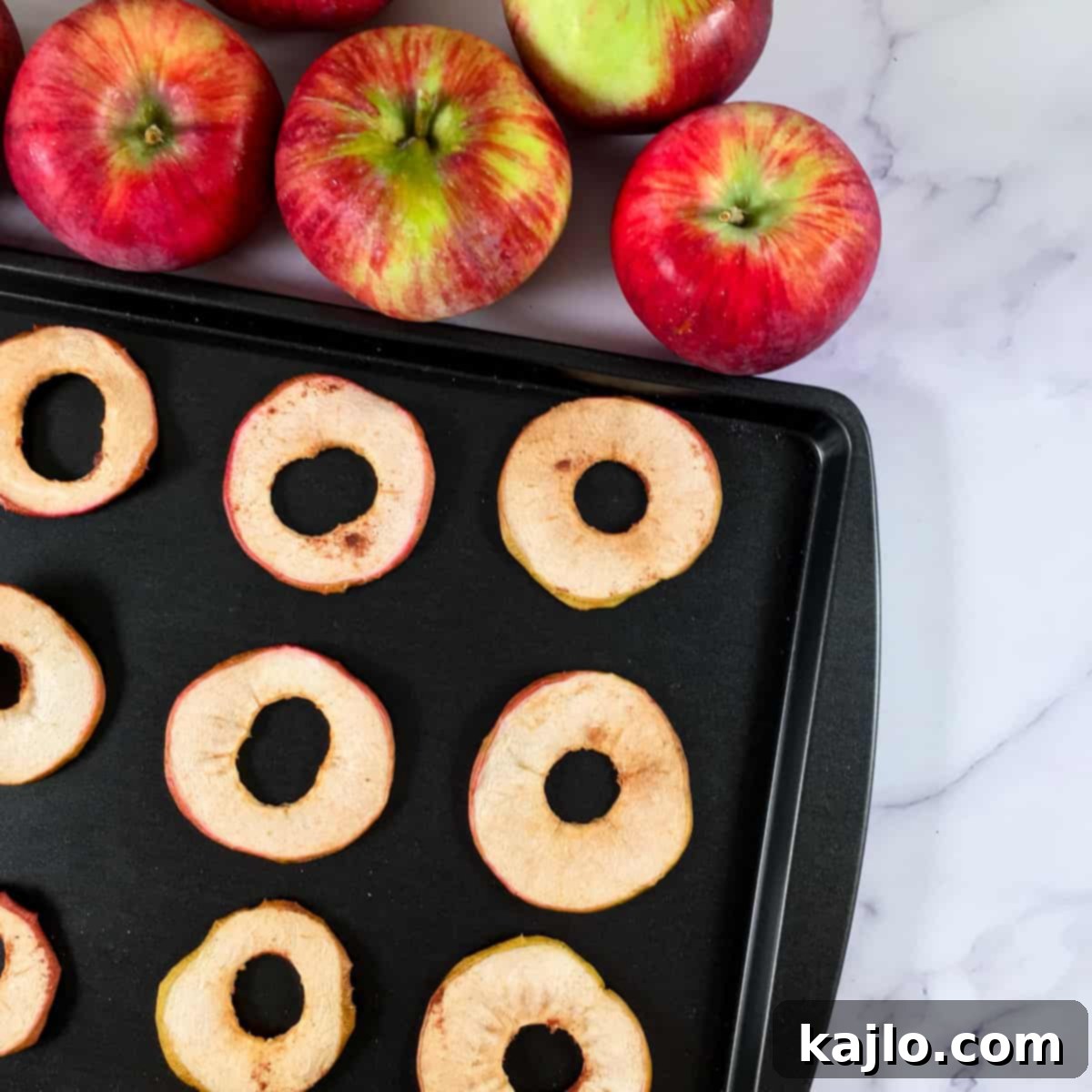 A pile of perfectly dried cinnamon apple chips on a wooden surface, ready for snacking.