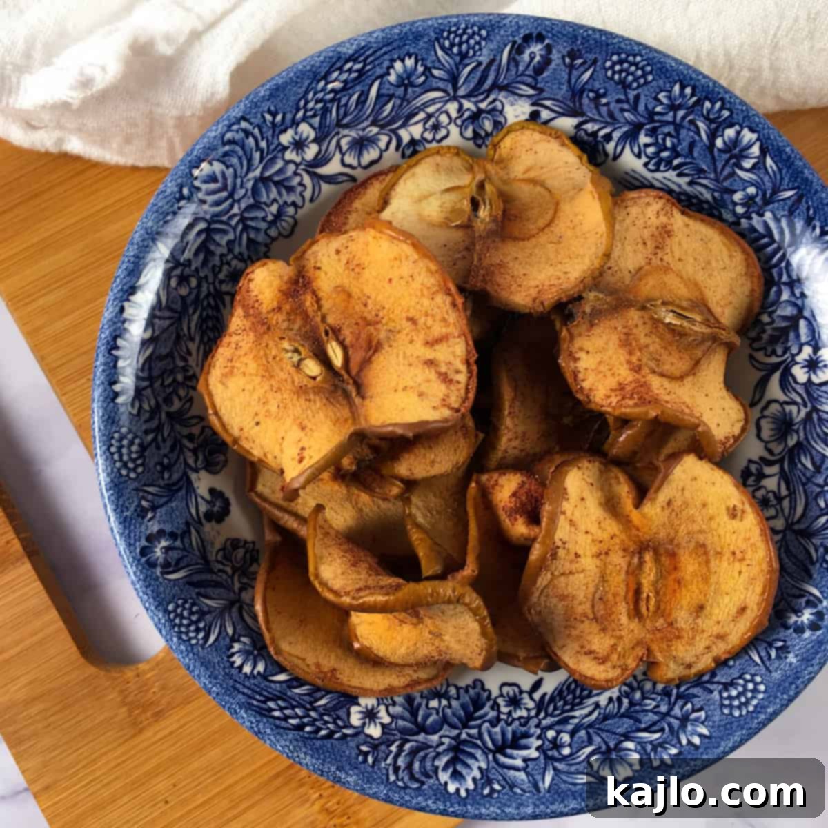A bowl filled with homemade Cortland apple chips, perfectly dried and golden, showing their crisp texture.