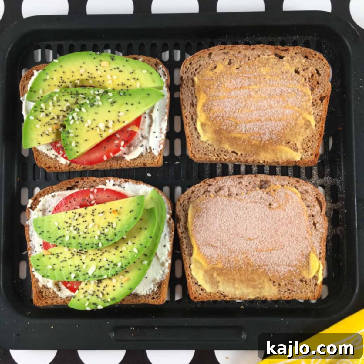 Delicious air fryer avocado toast topped with fresh ingredients.