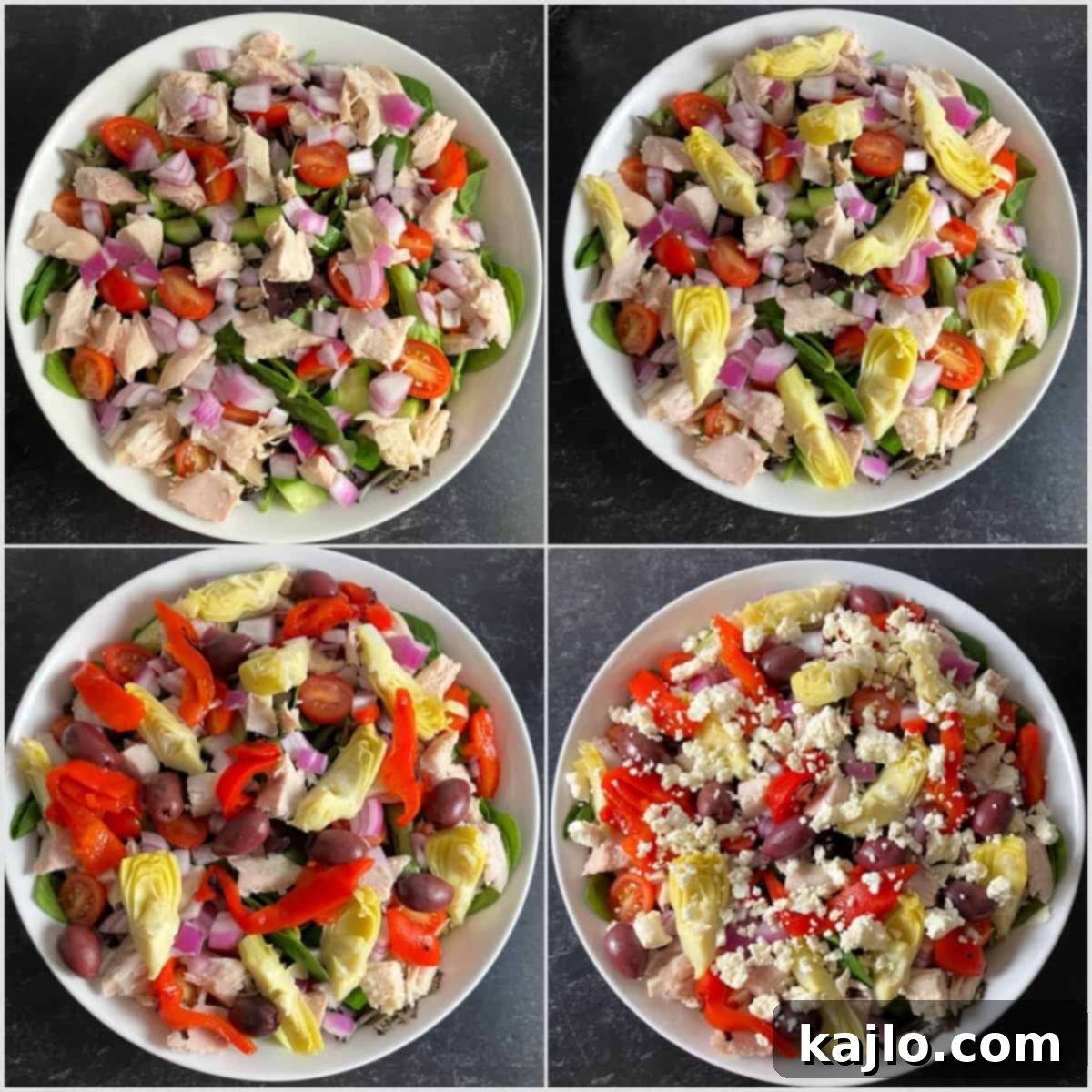 Assembled keto Greek salad portions in bowls.