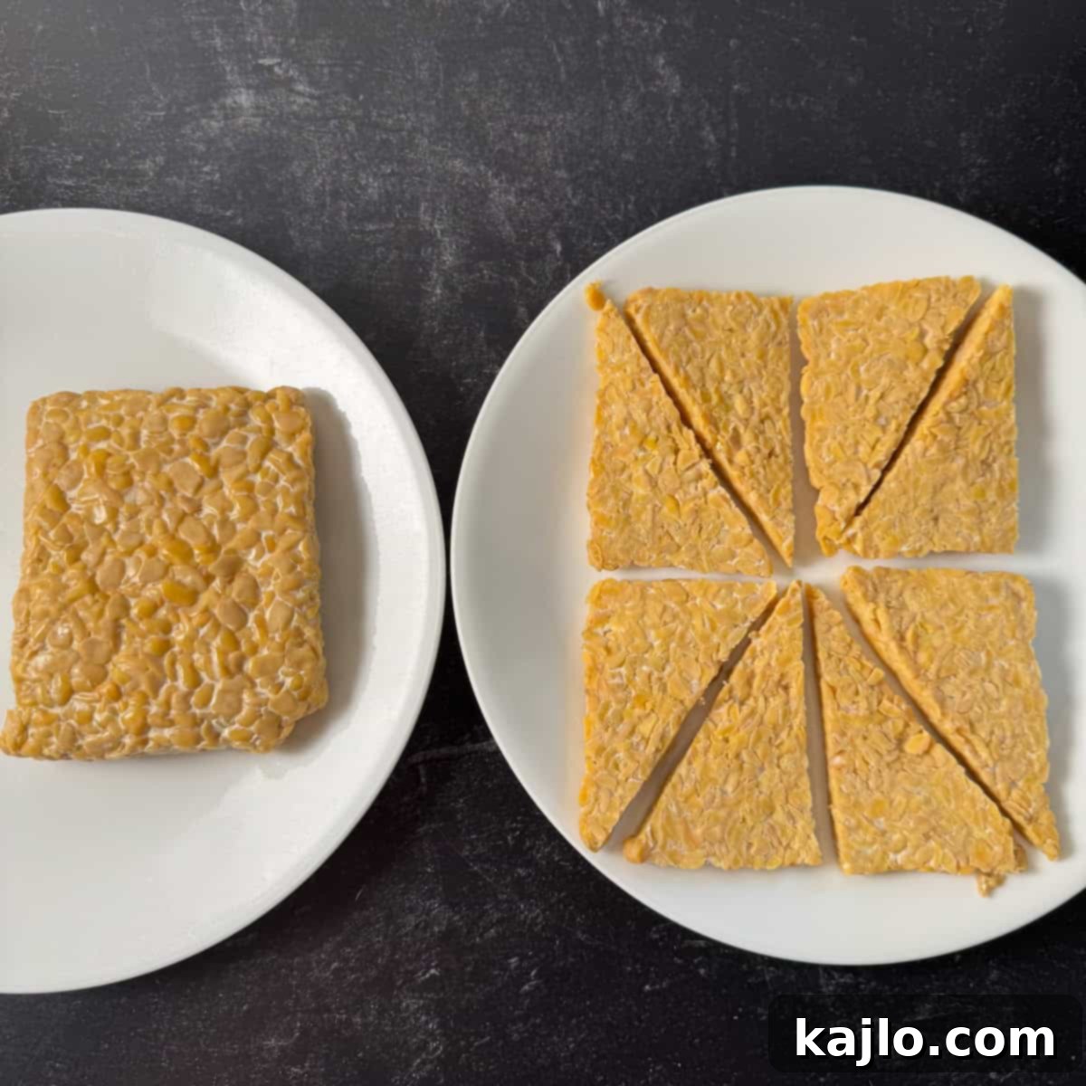 Cutting tempeh into triangles and thinner cutlets