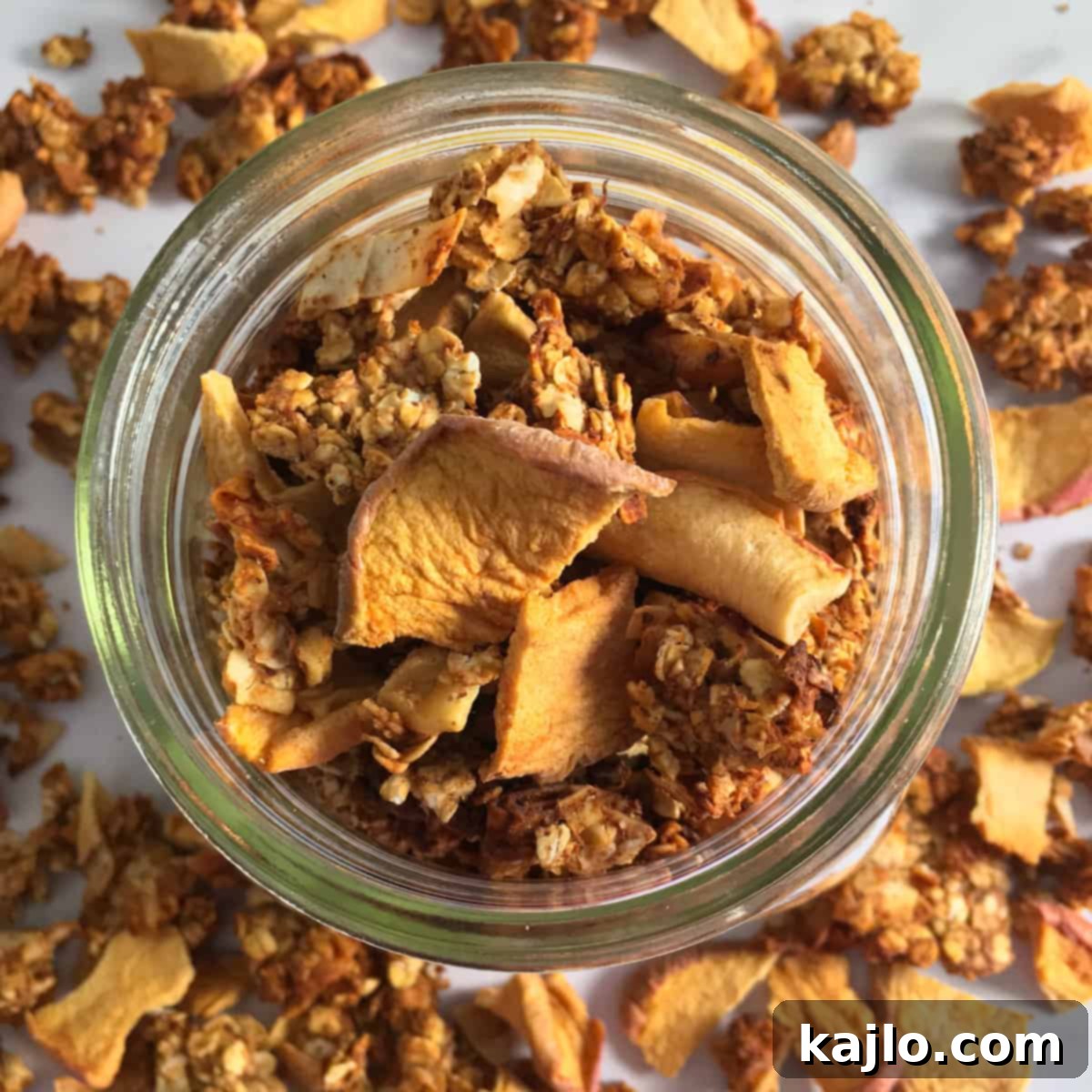 Crispy Oil-Free Vegan Gluten-Free Air Fryer Granola 8 apples oatmeal walnuts pecans mason jar