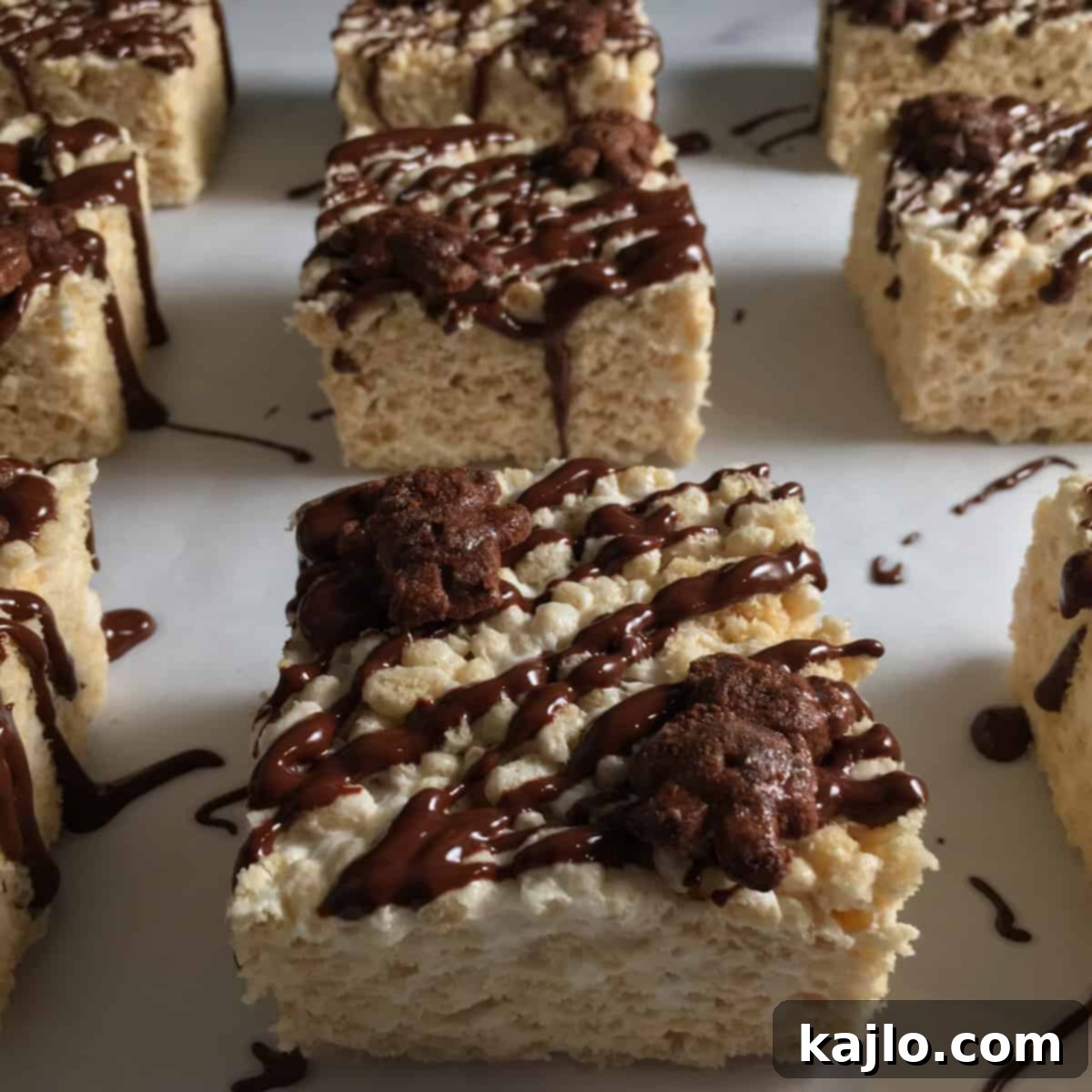 No-Bake Vegan Crispy Treats 11 Decadent vegan rice crispies treats chocolate, adorned with chocolate drizzle and graham cracker pieces.