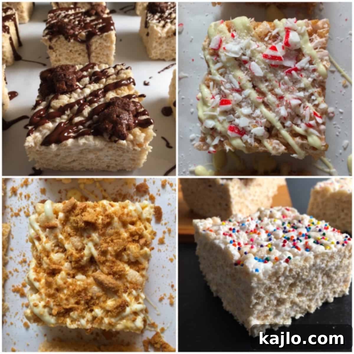 No-Bake Vegan Crispy Treats 12 A collection of diverse rice crispy treats recipes vegan, showcasing various toppings and preparations.