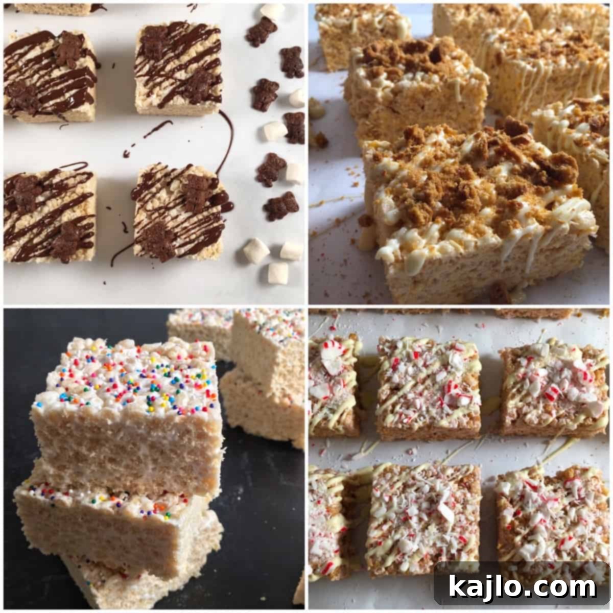 No-Bake Vegan Crispy Treats 3 A vibrant display of various vegan rice crispy treats recipes, showcasing different toppings and flavors.