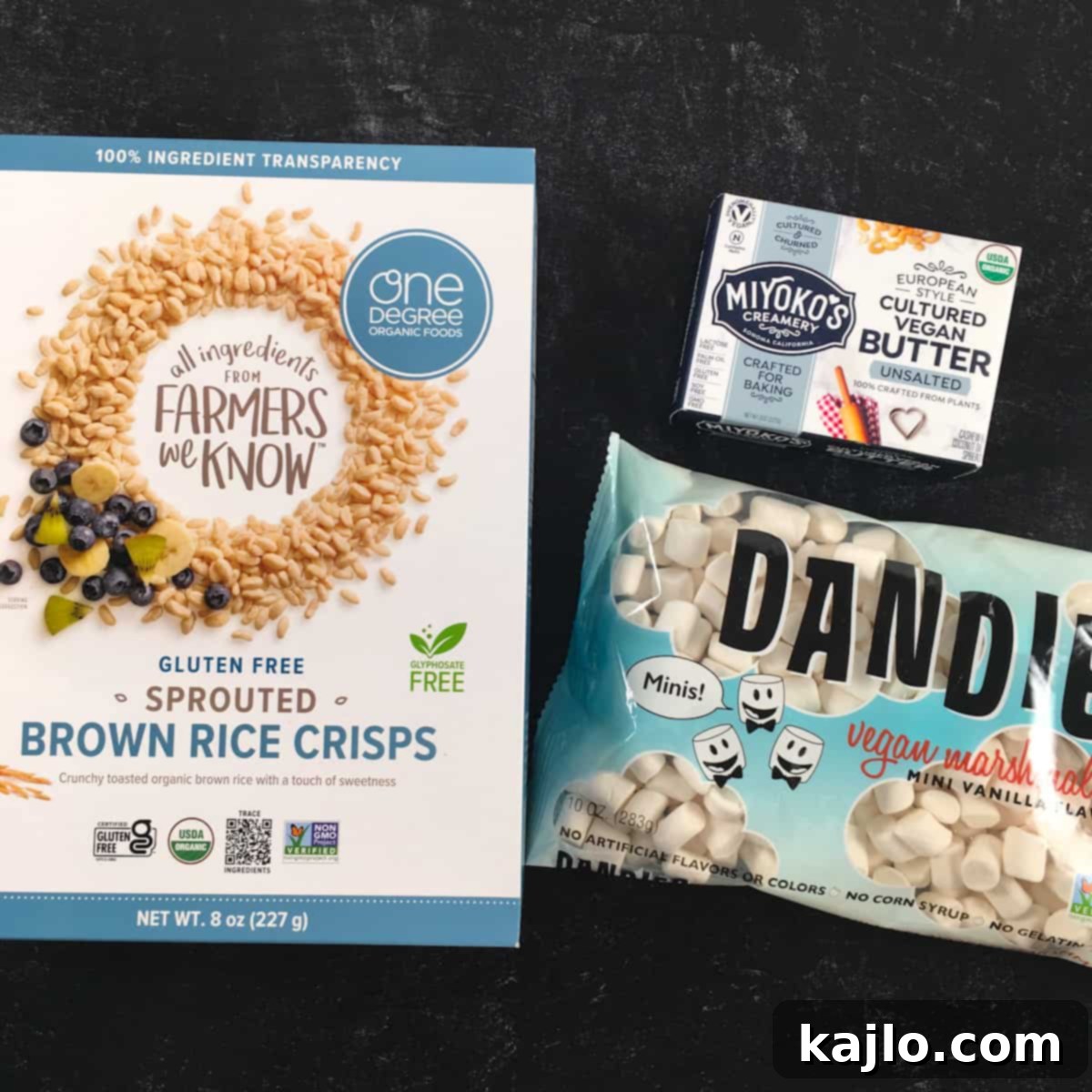 No-Bake Vegan Crispy Treats 4 Close-up of vegan rice crispy treats ingredients: cereal, marshmallows, and vegan butter.