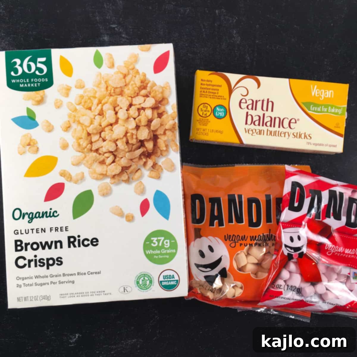 No-Bake Vegan Crispy Treats 5 Close-up of essential vegan ingredients: marshmallows, butter, and cereal for crispy treats.