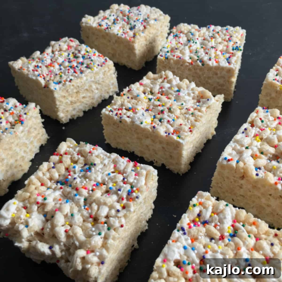 No-Bake Vegan Crispy Treats 7 Close-up of freshly made vegan rice krispies treats cut into perfect squares.