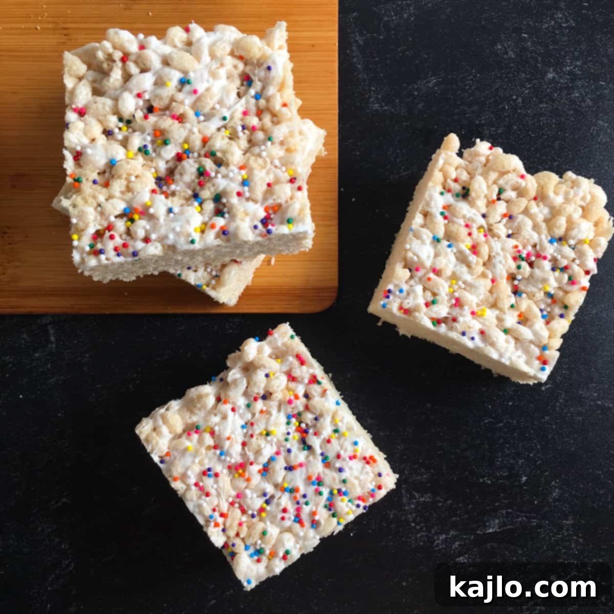 No-Bake Vegan Crispy Treats 8 Perfectly cut rice crispy treats vegan, ready for serving or storage.