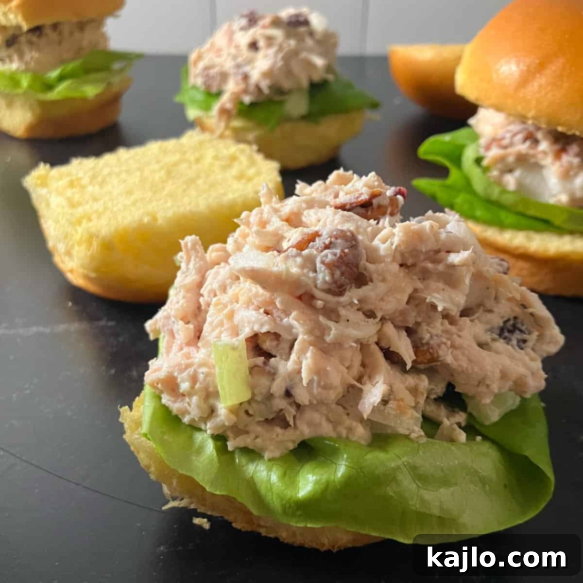 turkey salad without mayo recipe served on a plate with greens
