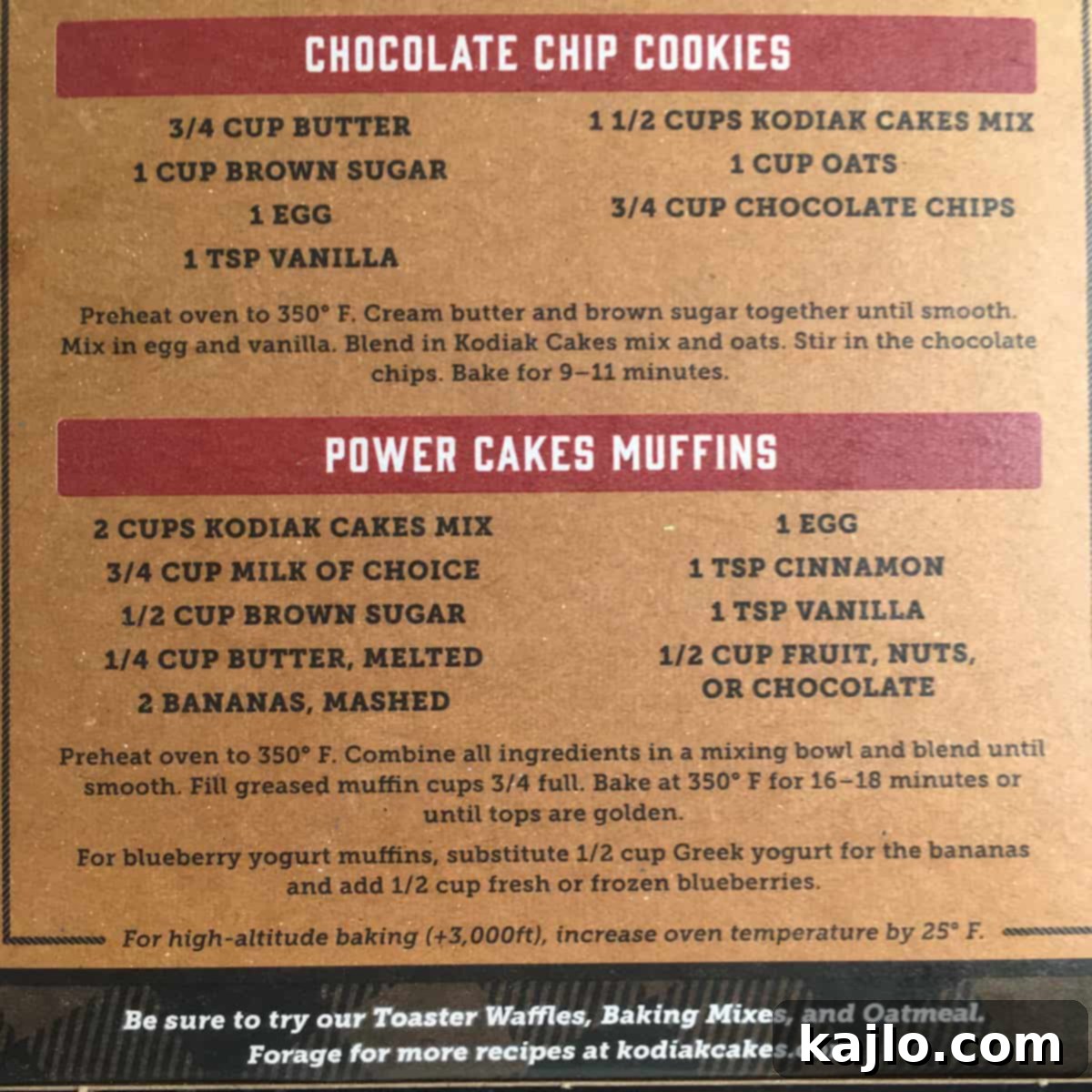 Kodiak banana muffins recipe on box