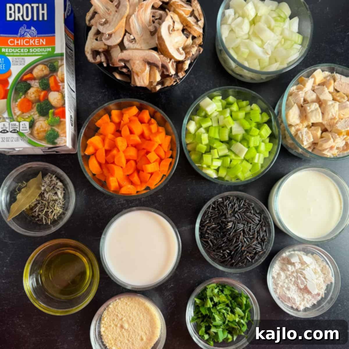 Instant Pot and Slow Cooker Turkey Wild Rice Soup 3 Assorted ingredients for Instant Pot chicken wild rice soup laid out on a table.
