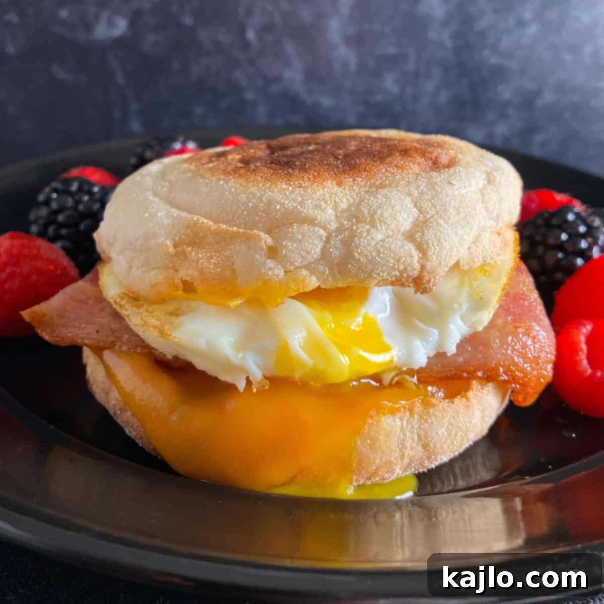 Crispy bacon, melty cheese, and runny egg in a delicious air fryer breakfast sandwich.