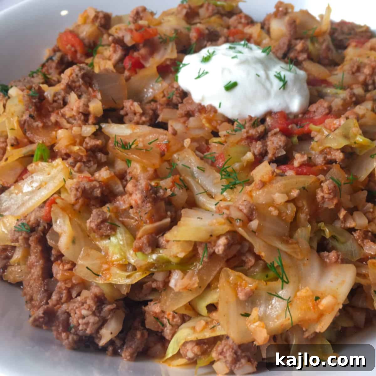 Easy Keto Unstuffed Cabbage Skillet 4 Keto unrolled cabbage rolls recipe served in a bowl