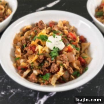 Easy Keto Unstuffed Cabbage Skillet 6 Keto unstuffed cabbage rolls, ready to eat