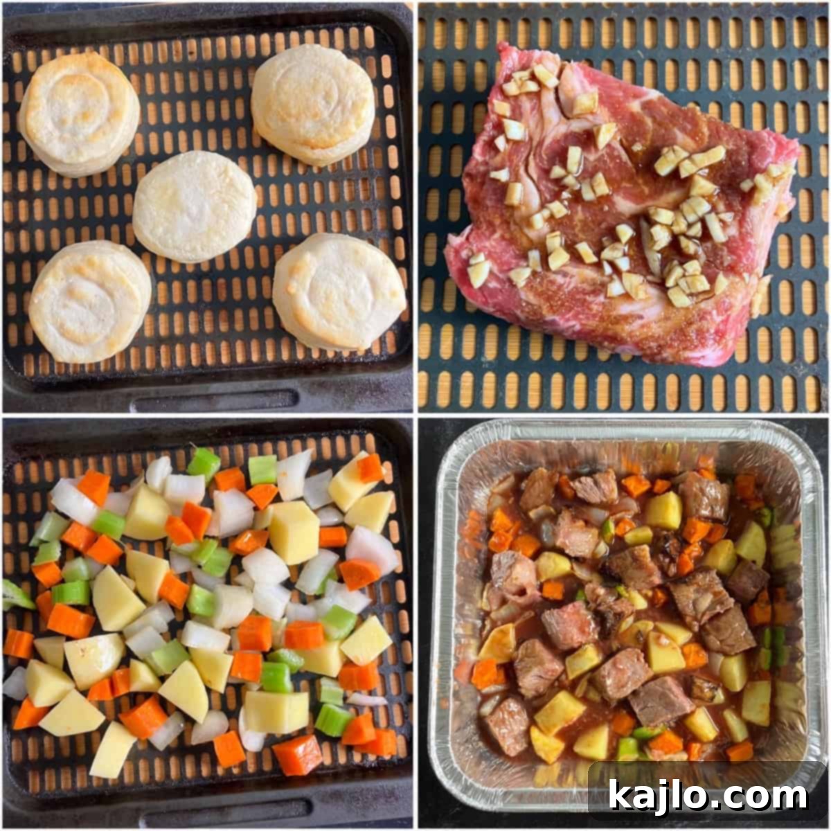 An image depicting the stages of preparing air fryer stew, with ingredients ready for assembly.