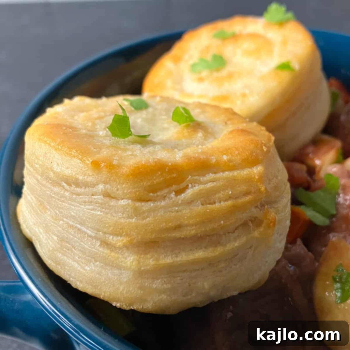 Golden brown biscuits, freshly air-fried, awaiting the stew.