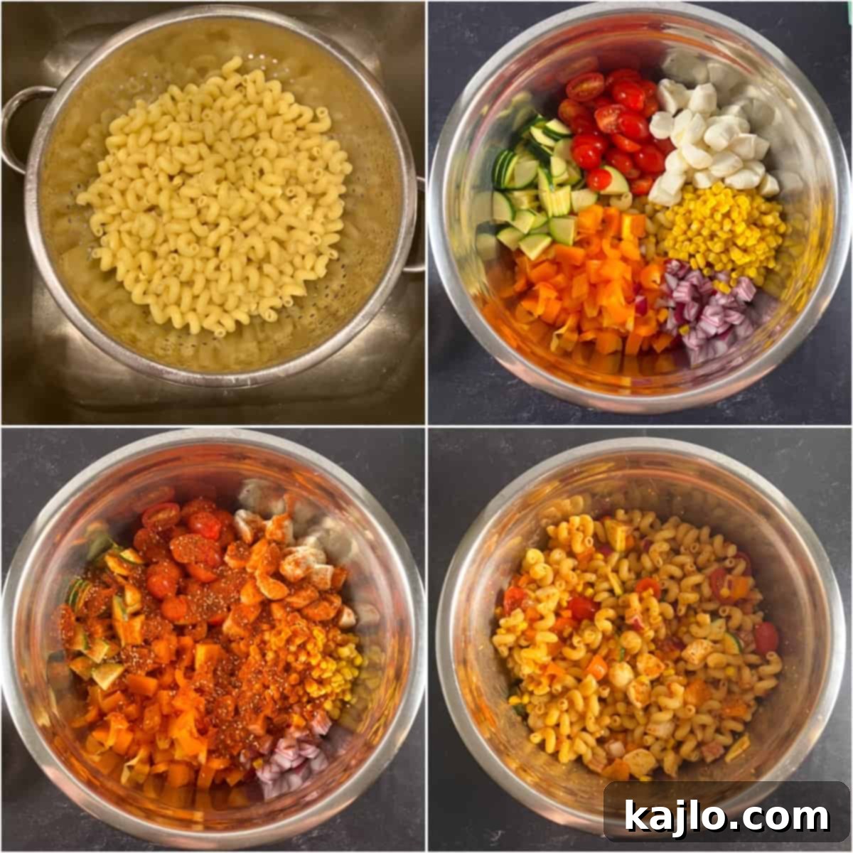 McCormick Salad Supreme Pasta Salad 3 Detailed steps on how to prepare a delicious Salad Supreme Pasta Salad, showcasing key preparation stages.