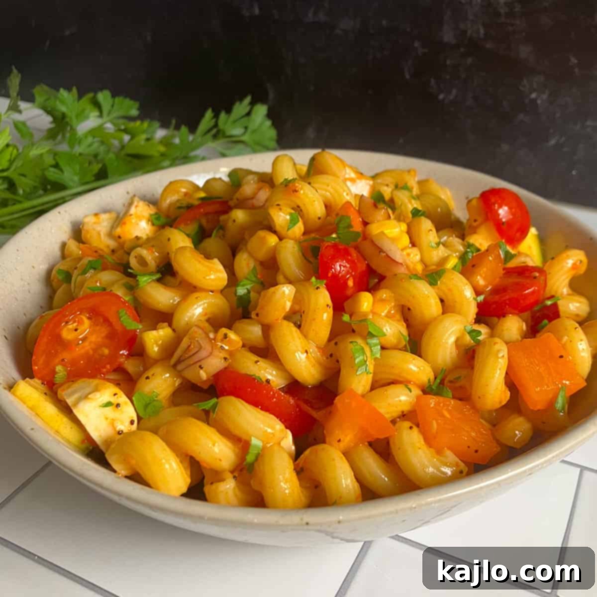 McCormick Salad Supreme Pasta Salad 6 A bowl of Salad Supreme Pasta Salad, indicating its readiness for refrigeration.