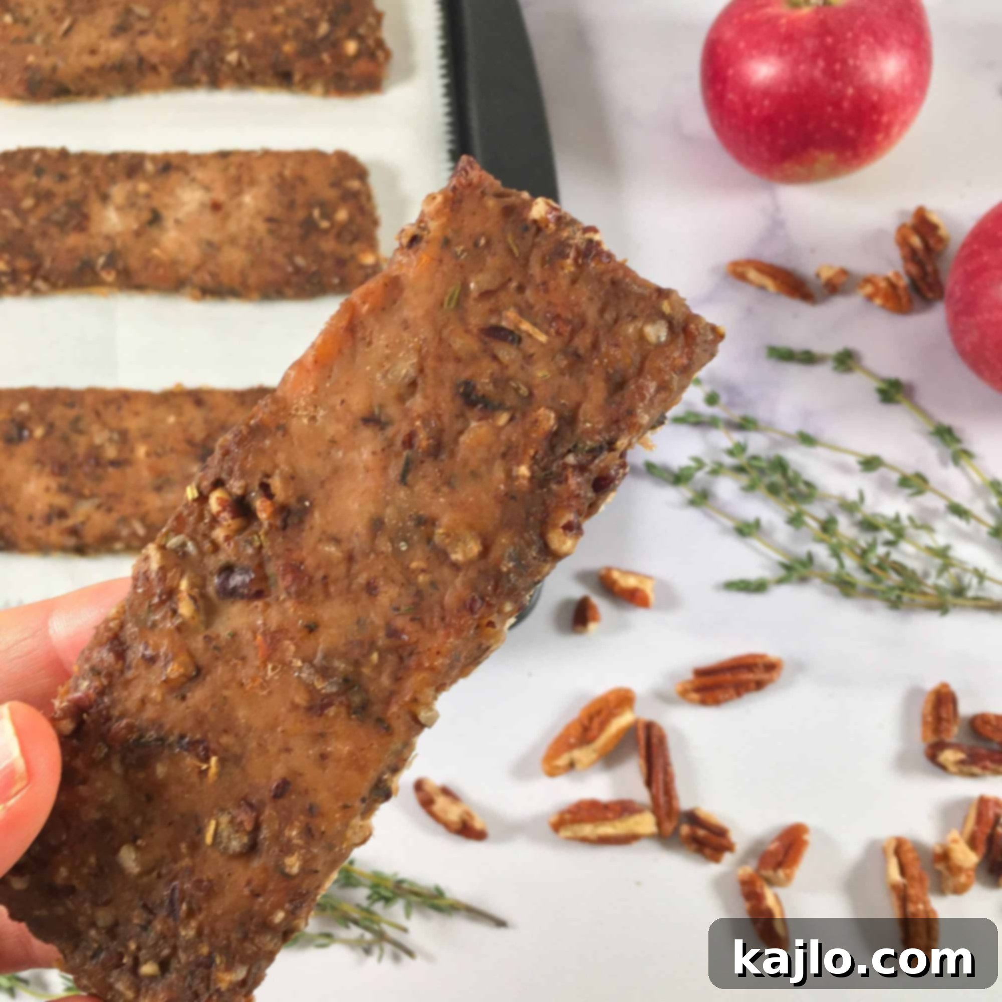 Photo of bars of the ground turkey jerky recipe on a baking sheet, surrounded by thyme, apples, and pecans (square image)