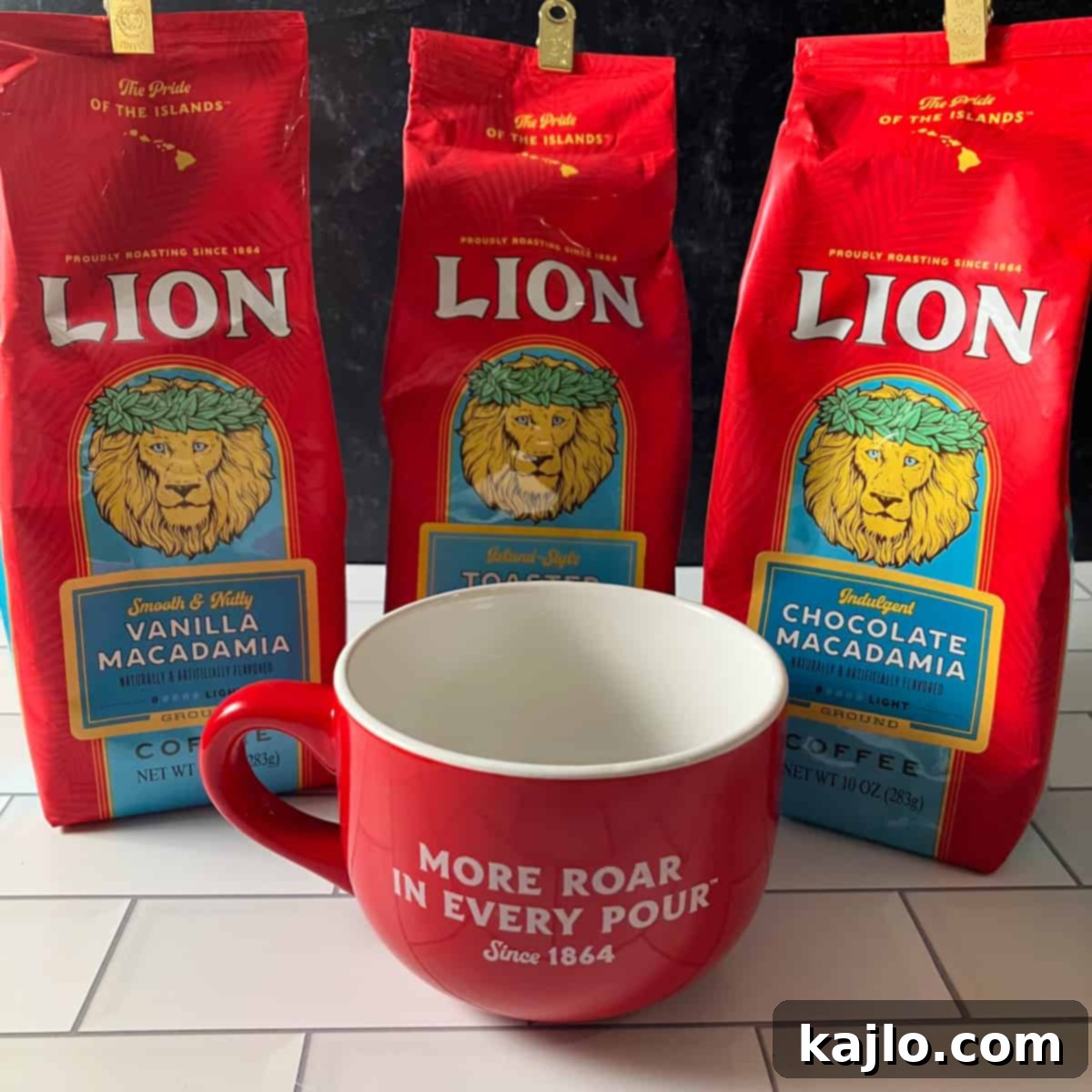 Hawaii's Top Coffee Brands: A Hawaii Coffee Company Spotlight 3 A selection of colorful Lion Coffee bags, showcasing various Hawaiian coffee flavors.