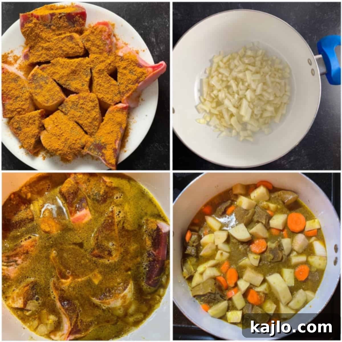 Goat Meat Your Complete Guide to Recipes Sourcing and Health Benefits 5 Step-by-step cooking process of goat meat curry, showing various stages of preparation.