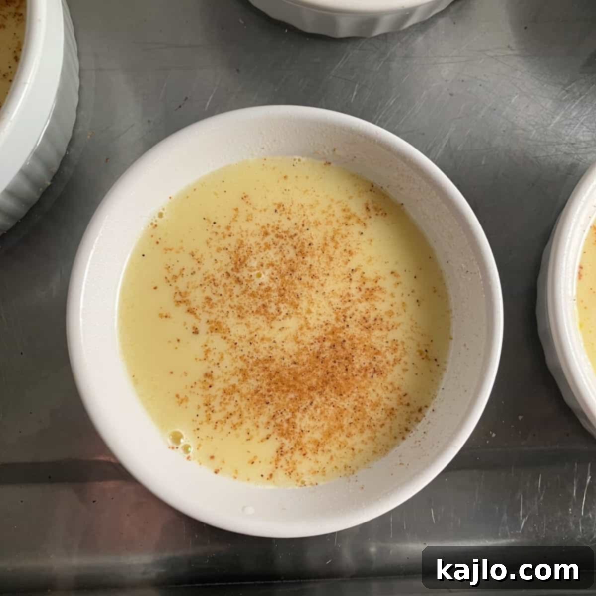 Sugar-free custard baking in a water bath in the oven