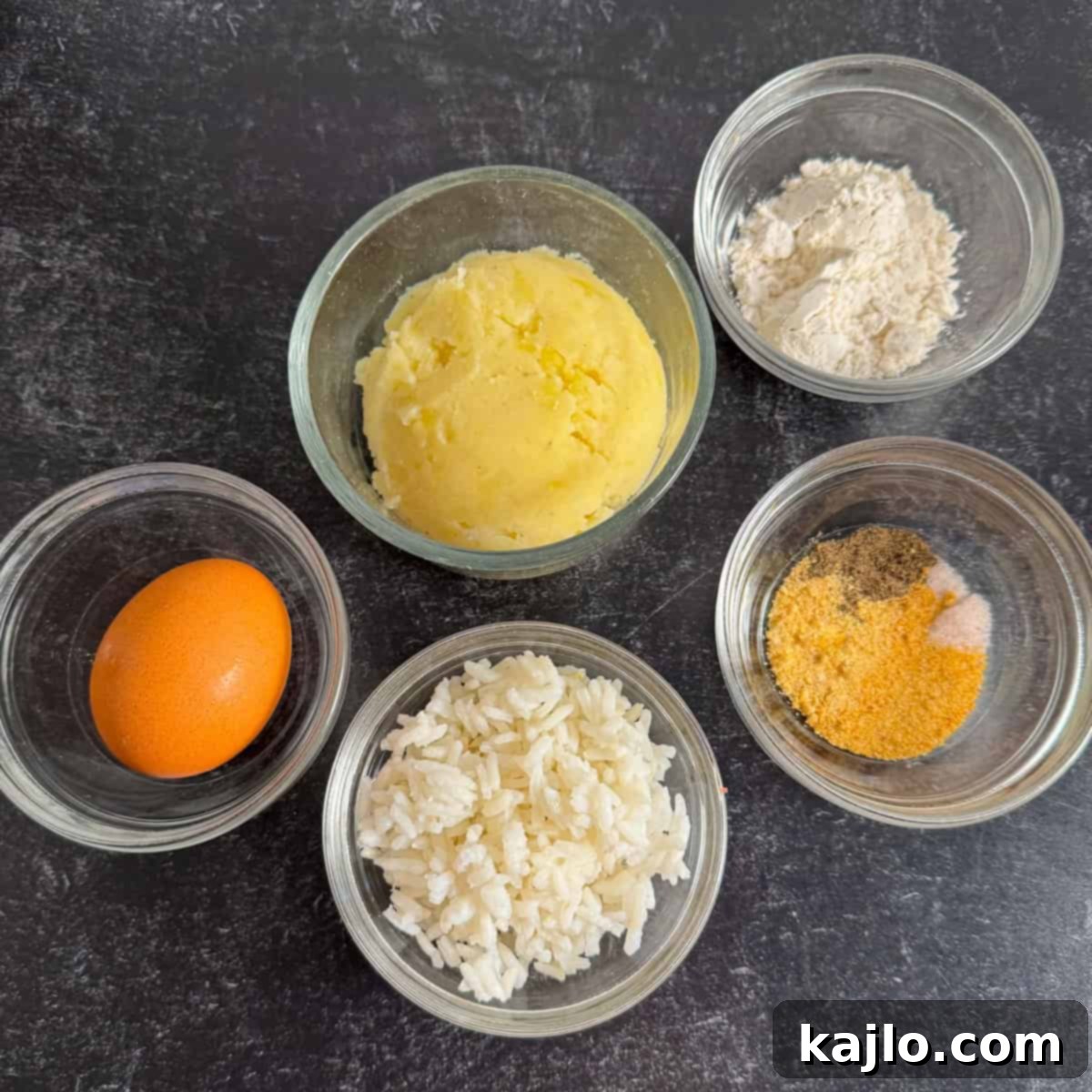 Mashed potatoes and rice ingredients laid out