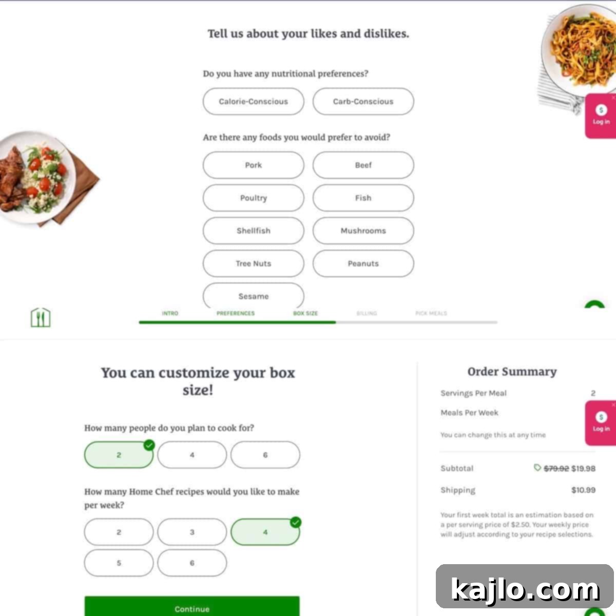 Home Chef box size selection screen